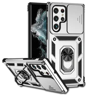 Immagine prodotto di Custodia per Samsung Galaxy S23 Ultra a doppio strato con copertura scorrevole della fotocamera e supporto ad anello Argento