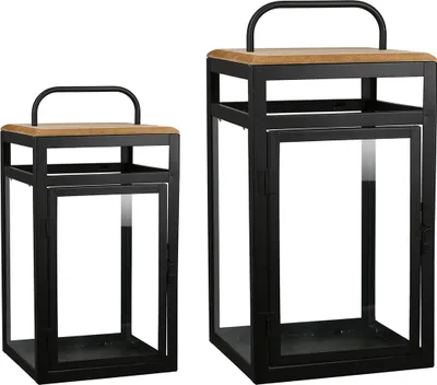 Produktbild von Casablanca 2er Set Laterne "Relax" Metall / Holz / Glas . schwarz / naturfarben / klar Metallkorpus . schwarz oben mit Holzplatte . naturfarben mit Glasscheiben . klar - für den geschützten Außenbereich - H: 22 cm B: 13.50 cm T: 13.50cm 84112