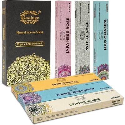 Zdjęcie produktu dla Zestaw naturalnych kadzideł, 6 rodzajów, 90g: Nag Champa, jaśmin, wanilia, róża, szałwia, kadzidło, mirra. Ręcznie zwijane