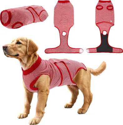Image de Combinaison de récupération pour animaux compagnie pour chiens et chats après opérations chirurgicales, chemise récupération pour animaux de compagnie, anti-léchage rouge S