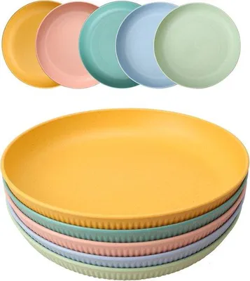 Immagine prodotto di Ibenzoa® Set da 5 piatti riutilizzabili in PP resistente alla rottura, dimensioni 23×23×3,5 cm, ideali per campeggio e picnic – lavabili in lavastoviglie e adatti al microonde fino a 120°C, disponibili in vari colori (rosa, verde chiaro, azzurro chiaro, giallo, verde scuro)
