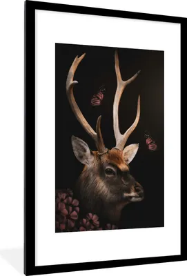 Produktbild von MuchoWow® MuchoWow® Gerahmtes Poster Hirsch - Dschungel - Schmetterling - Blumen 60x90 cm - Poster mit zchwarzem Bilderrahmen - Dekoration - Wandposter Wohnzimmer - Hochwertig