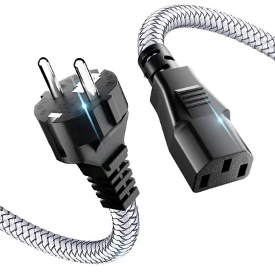 Produktbild von 3 m Stromkabel 3-polig, CEE 7/7 auf C13, Nylon-Geflecht, kompatibel mit Monitor, PC, Drucker, TV, PS3/PS4 Pro, Scanner