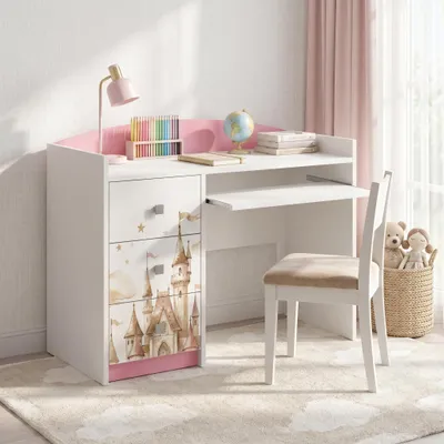 Produktbild von Schreibtisch Rosa für Kinder mit Motiv, Jugendschreibtisch Schülerschreibtisch mit viel Stauraum, PC-Tisch Lerntisch für Mädchen, KI-generiertes Bild