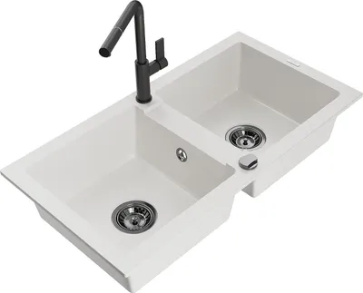 Immagine prodotto di Mexen Mario lavello da cucina in granito a 2 vasche con rubinetto Flora, bianco - 6504-20-670401-70-B