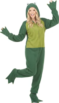 A woman is posing in a frog costume.