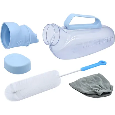 Produktbild von Urinal für Männer Mit Griff,1200 ml Fassungsvermögen, auslaufsichere Urinflasche mit Strickbezug und Reinigungsbürste,hitzebeständig bis 60°C,Blau