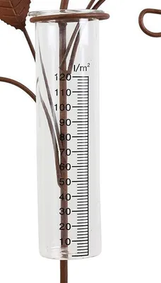 Image de Fiche de jardin "petit oiseau" en métal au design rouillé, 108 cm de haut, avec pluviomètre en verre, mesure des précipitations, fiche décorative, décoration de jardin pour l'extérieur