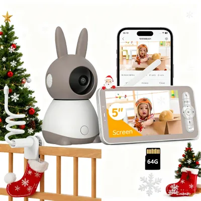 Obrázek produktu pro dětská chůvička 2K s kamerou a nočním viděním, 5palcová WiFi video chůvička, funkce interkomu, detekce pohybu, detekce teploty s držákem a 64G