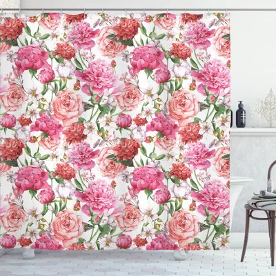 Image de ABAKUHAUS Rideau de douche à fleurs aquarellées, imprimé floral victorien avec pivoines et roses, 175 x 240 cm, blanc, rose, rouge