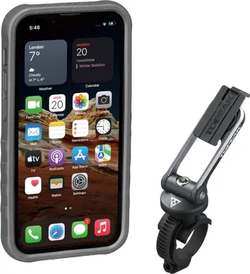 A smartphone in a case and a bike mount.