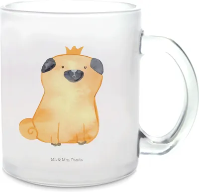 Produktbild von Mr. & Mrs. Panda Häferl Mops Krone - Transparent - Geschenk, Trinkglas, Teetasse Glas, Hund, Tee Tasse, Sprüche, König, Teeglas, Königlich, getränkebecher