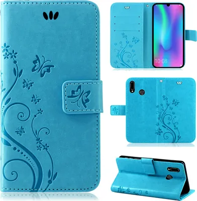 Produktbild von Handytasche für Huawei P Smart 2019 / Honor 10 Lite in Blumen Flip Cover Buchhülle, Blau