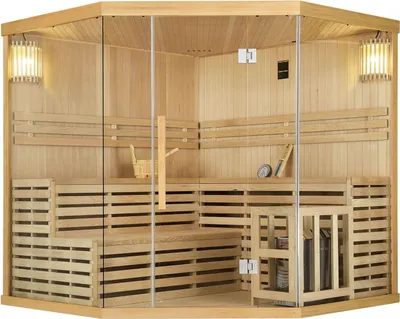 Produktbild von Artsauna Saunakabine Espoo200 Premium mit Harvia Ofen – 5 Personen – Hemlock Holz, Glasfront und LED Licht – Inkl. Thermometer & Sanduhr –Komplett Set