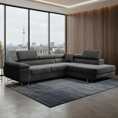 Produktbild von GOLDSTOFF ASTON Ecksofa L-Form 273×203 cm | Schlafsofa mit Bettfunktion und Stauraum | Modernes Wohnzimmer Ecksofa mit Liege (Schwarz)