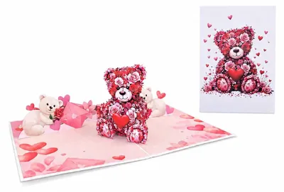 3D Pop-up Karte Teddybär aus Rosen, 30x20x12 cm, romantisch