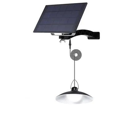 A solar-powered pendant light with a separate solar panel.