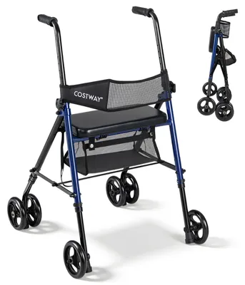 Produktbild von COSTWAY Rollator faltbar & leicht mit Sitz, 2in1 Rollstuhl & Reiserollator mit Tasche & Netz-Rückenlehne, Gehhilfe 8-fach höhenverstellbar bis 136kg