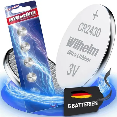 A product shot of CR2430 lithium coin cell batteries, with packaging and a single battery prominently displayed, surrounded by electric blue lightning effects.