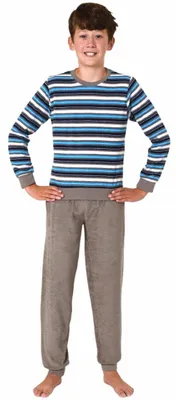Produktbild von Cooler Jungen Frottee Pyjama langarm Schlafanzug mit Bündchen - 63560 ; türkis , 128