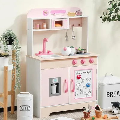 Imagen del producto de Cocina de madera para niños, cocina de juguete rosa, con efectos de sonido y luces, ideal para niñas a partir de 3 años
