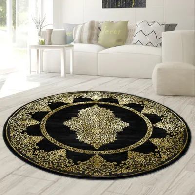 Immagine prodotto di Tappeto moderno a pelo corto da salotto ornamenti in oro nero dimensioni - 200 cm rotondo