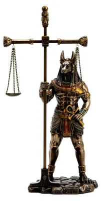 Produktbild von Anubis-Skulptur mit Herz auf Waage, Kunstharz, Bronze-Finish, ägyptische Statue, 33 cm