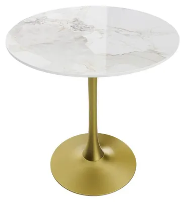 Zdjęcie produktu dla Okrągły stół barowy/jadalny - stół do kawiarni/bistra, wymiary 76x78,5 cm - blat z materiału kompozytowego, solidna metalowa konstrukcja - idealny do kuchni, baru, kawiarni - kolor: biały, szary, złoty
