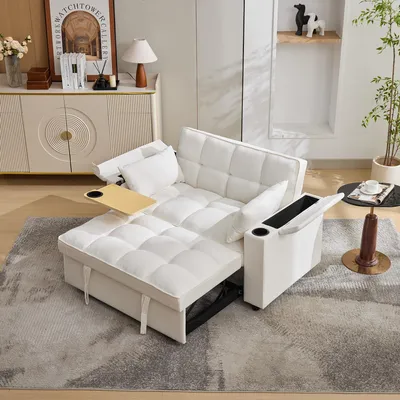 Produktbild von STILVORA Schlafsofa 3-in-1 Ausziehsofa, mit verstellbarer Rückenlehne USB-Anschluss, 2-Sitzer Loungesofa mit verstecktem Tisch Getränkehalter, beige