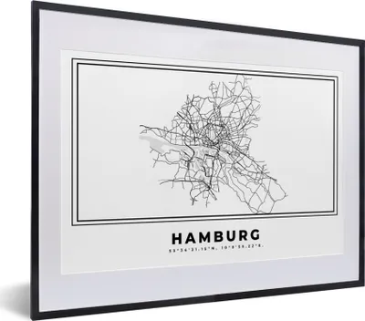 Produktbild von MuchoWow® Gerahmtes Poster Schwarz und weiß - Deutschland - Karte - Stadtplan - Hamburg 40x30 cm - Poster mit Schwarzem Bilderrahmen Wandposter Rahmen Foto Bilder - Bilderrahmen - Poster im Rahmen