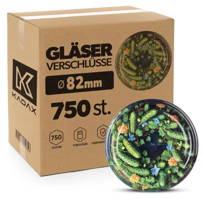 Produktbild von KADAX Schraubdeckel fi 82 mm, 750 Stück, Twist-Off-Deckel Set aus Metall, Ersatzdeckel für Einmachgläser, Marmeladengläser, Honiggläser und Schraubgläser (Grüne Gurken)