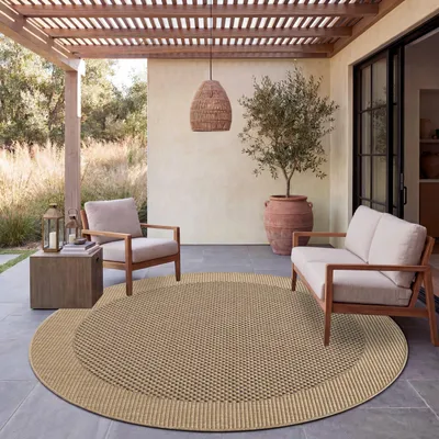 Produktbild von In-& Outdoor Teppich Balkon Terrasse Küchenteppich Sisal Optik Bordüre Einfarbig Beige Grösse 200 cm Rund, KI-generiertes Bild