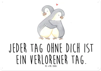 Produktbild von Mr. & Mrs. Panda Schild Pinguine Kuscheln DIN A4 - Weiß - Geschenk, Valentinstag, Mitbringsel, Wandbild, Hochzeitstag, für Freundin, Freund, Frauen, tafel, Blechschild