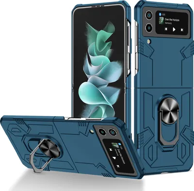 Obrázek produktu pro Galaxy Z Flip4 Pouzdro, robustní tvrdý PC, nárazuvzdorné Pouzdro s držákem prstenu a stojánkem pro Samsung Galaxy Z Flip 4 5G Tmavě modrá