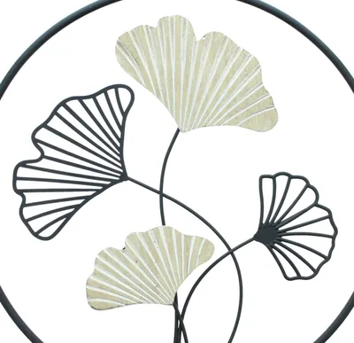 Obrázek produktu pro Nástěnná dekorace „Ginkgo“, kov, matná černá, dřevo, bílé vápno, Ø 40 cm