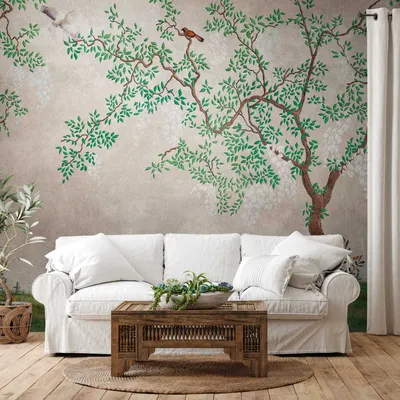 Produktbild von Profhome 382331-GU Fotovliestapete Vogelmuster grau grün beige weiß 3,71 m x 2,8 m