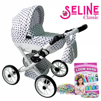 Productafbeelding van Duży, inklapbaar kinderwagenmodel Seline Classic – wit met zwarte stipjes + tas + mandje