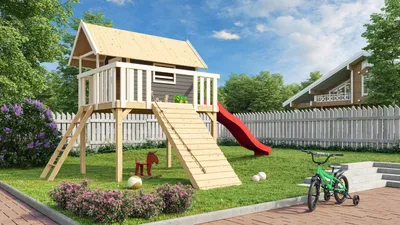Produktbild von Karibu Stelzenhaus "Fidel" SET aus nordischer Fichte, terragrau mit Wellenrutsche 3m rot, Holzrampe