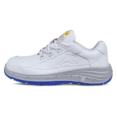 A side view of a white safety shoe with a gray sole and blue accents.