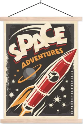 Produktbild von MuchoWow® Textilposter Rakete - Jahrgang - Weltraum 40x53 cm mit holzfarbenen Rahmen - Schlafzimmer