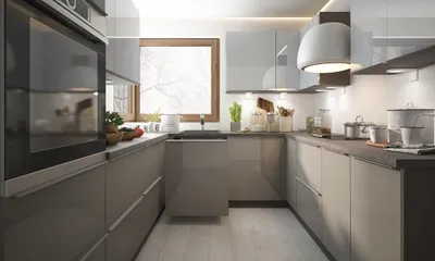 Produktbild von U-Form Küchenzeile "Brerra" Einbauküche 270x236x230cm lava Front signalweiß - quarzgrau Hochglanz