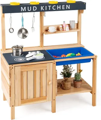 Produktbild von Matschküche aus Holz, Kinder Spielküche mit abnehmbarem Waschbecken & Zubehör, Outdoor Kinderküche mit Schrank, 2 Ablagefächern, Becherhalter & Haken, Gartenküche für Kinder ab 3 Jahren