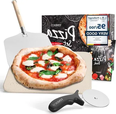 Productafbeelding van Famanu Pizzasteen Set - Geschikt voor oven en gasgrill, inclusief pizzaschep, receptenboek en pizzames