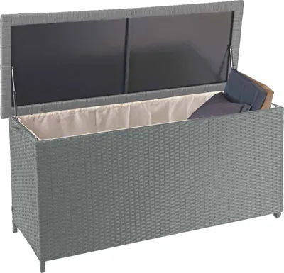Produktbild von Poly ratanový box na polštáře HWC-D88, Zahradní truhla Box na polštáře  Premium šedá, 63x135x52cm 320l