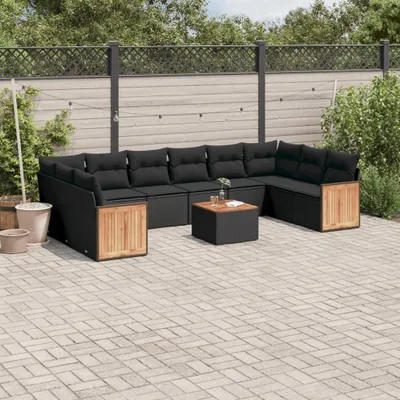 Produktbild von Design 11-tlg. Garten-Sofagarnitur mit Kissen Schwarz Poly Rattan, Gartenmöbel-Sets 2024 Neu