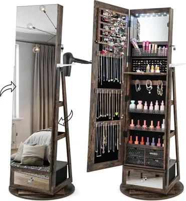 Image de Armoire à bijoux - Miroir sur pied - Pivotant - Éclairage LED - Verrouillable - Tiroir - Structure en bois - Montage requis - Marron