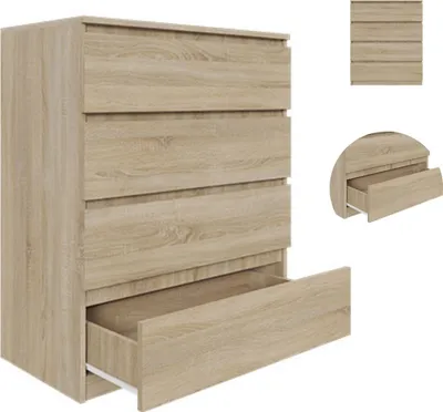 Produktbild von YUMEBLY | Kommode BASIC mit 4 Schubladen, 80x97x40 cm – geräumiger Schrank/Regal für Wohnzimmer, Schlafzimmer und Büro | Sonoma-Eiche