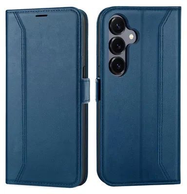 A blue flip case for a smartphone is shown from two angles, front and back.