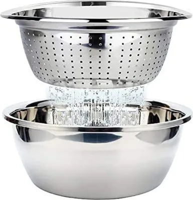 Produktbild von Edelstahl-Sieb und Rührschüssel-Set, Passiersieb, Küchensieb, Nudelsieb, Reiswaschschüssel, Salatsieb, Schüssel-Set, stapelbares Salatschüssel-Set, 26 cm