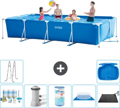 Zdjęcie produktu dla Basen Intex z prostokątną ramą - 450 x 220 x 84 cm - niebieski - w zestawie pakiet konserwacyjny - pompa filtrująca do basenu - filtr - pokrywa naziemna - mata solarna - drabinka